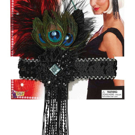 Deluxe Black Flapper Headband with Peacock Feather Costume Accessory