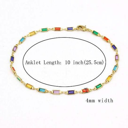 18k Gold Filled High Polish Finish Gold And Multi Color Dark Crystal Baguette Anklet