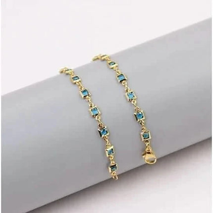 18k Gold Plated Light Blue Crystal Square Ankle Bracelet