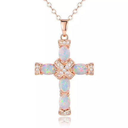 18K Rose Gold Plating & Fire Cross Pendant - Religious Jewelry