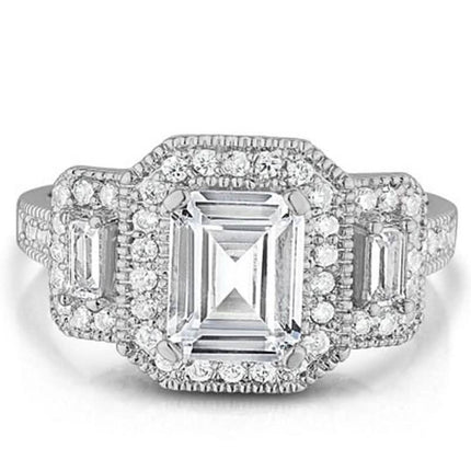 18k White Gold Tri Stone Emerald Cut Cubic Zirconia Ring
