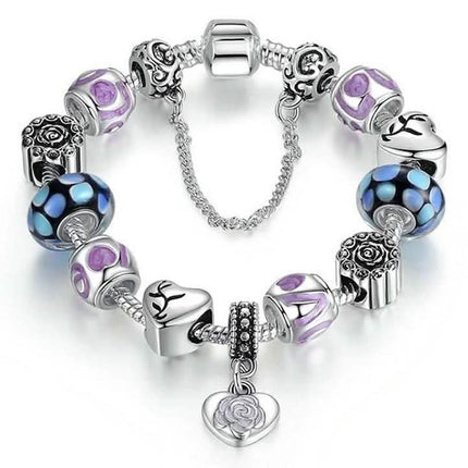 18kt White Gold Plated Murano Glass And Heart Charm Bracelet