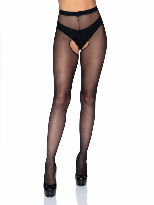 Plus Size Nylon Sheer Crotchless Tights - Black - PLUS SIZE