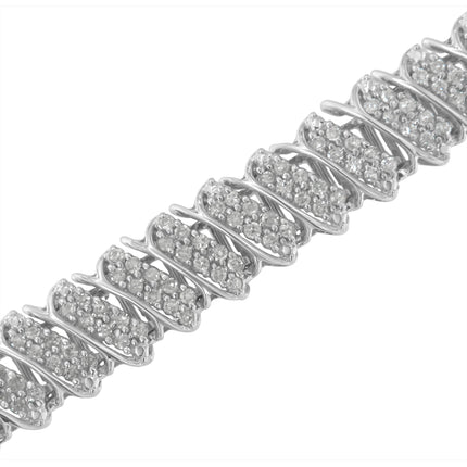 .925 Sterling Silver 3.0 Cttw Diamond Multi Row Cluster Slanted Wave Link 7-Â¼â€ Tennis Bracelet (I-J Color, I2-I3 Clarity)