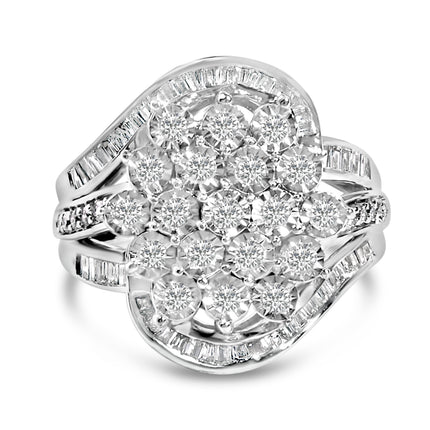 Sterling Silver 1.0 Cttw Diamond Swirl Cluster Cocktail Ring
