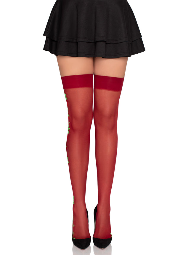 Spandex Sheer Thigh Highs with Embroidered Rose Side Detail - Burgundy - O/S