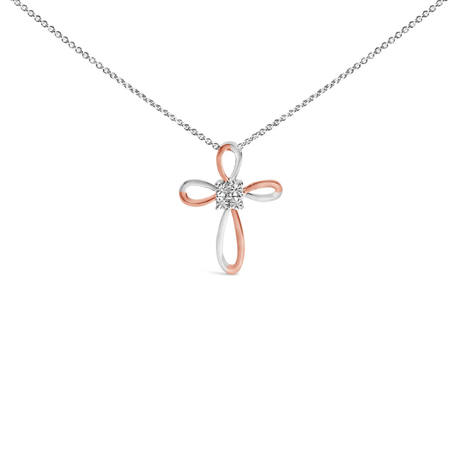 10K Rose Gold Plated Sterling Silver Diamond Accent Cross Pendant Necklace