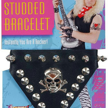 80's Skull Silver Studded Black Rocker Punk Bracelet