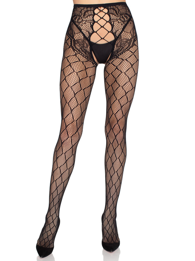 Faux Layer Net Tights with Crotchless Floral Panty - Black - O/S