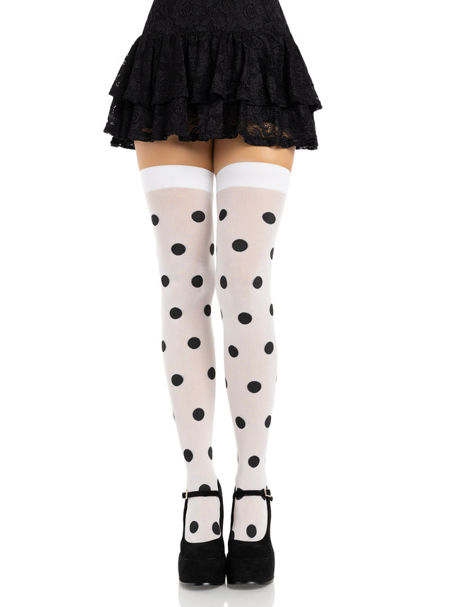 Polka Dot Opaque Thigh Highs - White/Blk - O/S