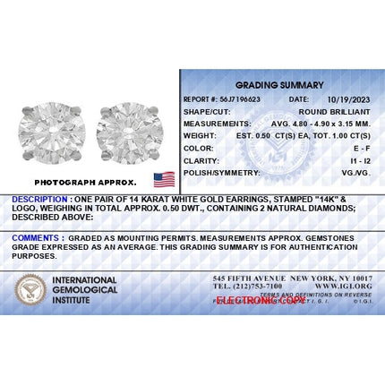 IGI Certified 14K White Gold 1.0 Cttw 4-Prong Set Brilliant Round-Cut Solitaire Diamond Push Back Stud Earrings (E-F Color, I1-I2 Clarity)