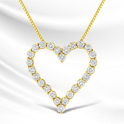 14K Yellow Gold Plated .925 Sterling Silver 2.00 Cttw Shared Prong-Set Round Brilliant-Cut Diamond Open Heart 18" Pendant Necklace (K-L Color, I2-I3 Clarity)