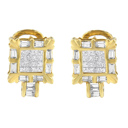 14K Yellow Gold 7/8 Cttw Princess and Baguette-Cut Diamond Square Framed Huggie Hoop Omega Earrings (H-I Color, SI1-SI2 Clarity)