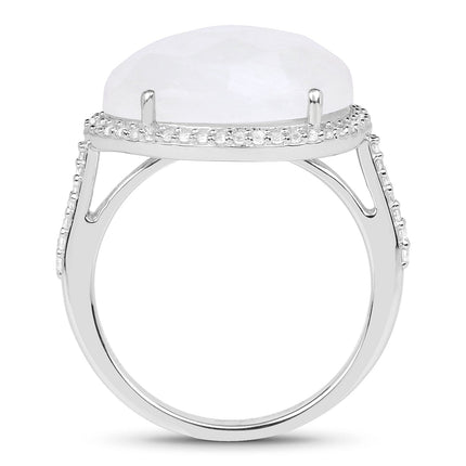 7.33 Carat Genuine White Rainbow Moonstone And White Topaz .925 Sterling Silver Ring
