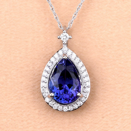 2.20 Carat Genuine Tanzanite and White Diamond 14K White Gold Pendant