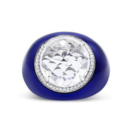 18K White Gold 14mm White Quartz and 1/5 Cttw Diamond Halo with Blue Enamel Dome Ring (F-G Color, VS1-VS2 Clarity) - Ring Size 7