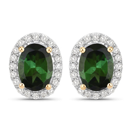 1.92 Carat Genuine Green Tourmaline and White Diamond 14K Yellow Gold Earrings