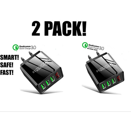 2-Pack: 3 Port LED Fast Quick Charge QC 3.0 USB Hub Display Wall Charger Adapter US Plug