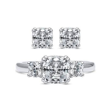 2-Pack: Cushion Cut Studs and Cushion Cut Ring with Side Stones
