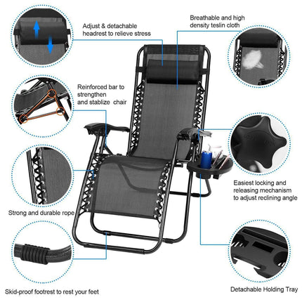 2-Pack: Foldable Zero Gravity Lounge Chair with Dual Side Tray