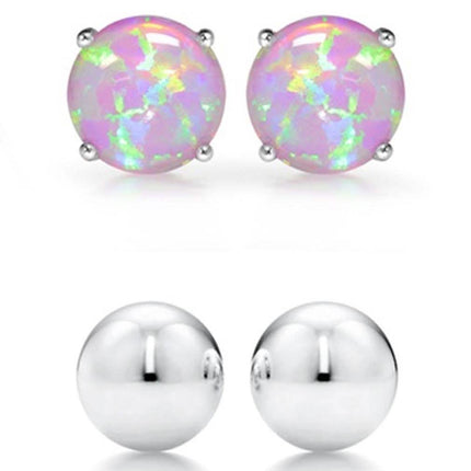 2-Pairs: Pink Opal Stud and Sterling Silver Ball Stud Set