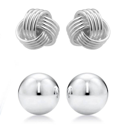 2-Pairs: Sterling Silver Love Knot and Ball Stud Earring Set