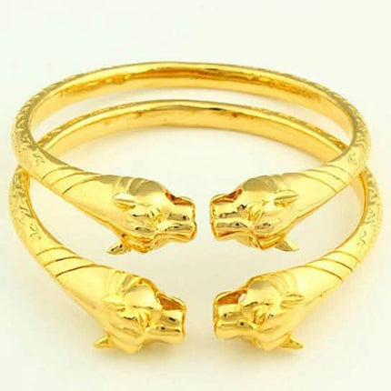 2-Piece Set: 18k Yellow Gold Filled High Polish Finish Lion Adjustable Bangle