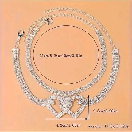 Double Love Heart Rhinestone Chain Anklet Set