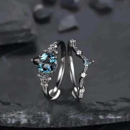 2-Piece Set: Gothic Black & Golden Engagement Ring Set with Pear-Shaped Cubic Zirconia