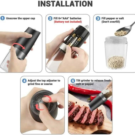2-Piece Set: Gravity Electric Salt and Pepper Grinder Set, Battery Powered LED Light One Hand Automatic Operation