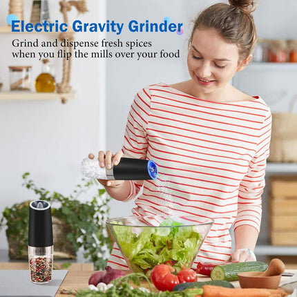 2-Piece Set: Gravity Electric Salt and Pepper Grinder Set, Battery Powered LED Light One Hand Automatic Operation
