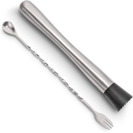 2-Piece Set: Hiware 10 Inch Stainless Steel Cocktail Muddler and Mixing Spoon Home Bar Tool Set