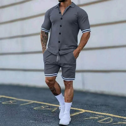 2-Piece Set: Men's Short Sleeve Plain Stripes Lapel