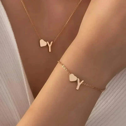 2-Piece Set: Metal Heart And English Letter Necklace And Bracelet