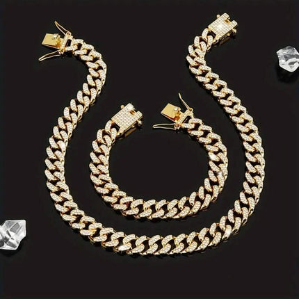2-Piece Set: Unisex Hip Hop Cuban Chain Necklace and 8" Bracelet