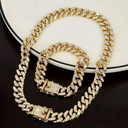 2-Piece Set: Unisex Hip Hop Cuban Chain Necklace and 8" Bracelet
