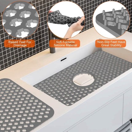2-Piece: Silicon Grid Sink Mat with Central Drain Hole
