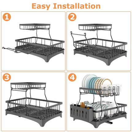 2-Tier Dish Rack Drainer Organizer Set with Utensil Cup Holder Rack Swivel Spout