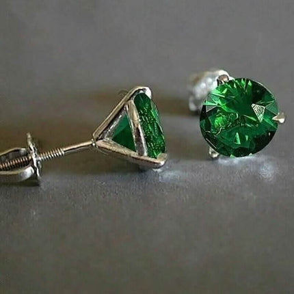 2.00 Ct Round Cut Natural Emerald Solitaire Stud Earrings 14k White Gold