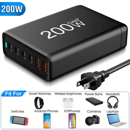 200W Fast Wall Charger with 6 Charging Ports Desktop USB Charging Station