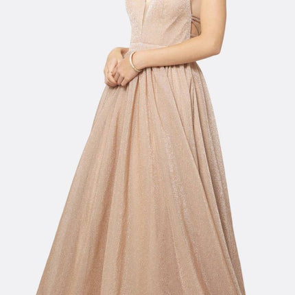 Juliet 201 Plunging V-Neckline Long Glitter Dress A-Line