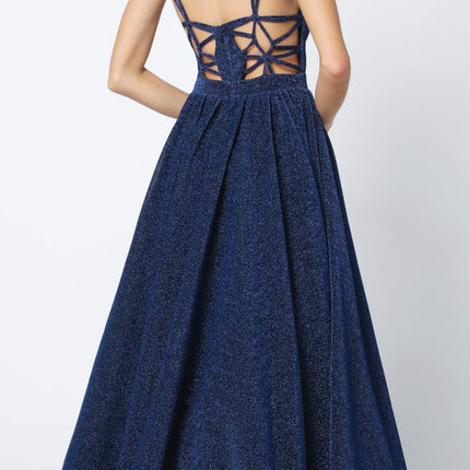 Juliet 201 Plunging V-Neckline Long Glitter Dress A-Line