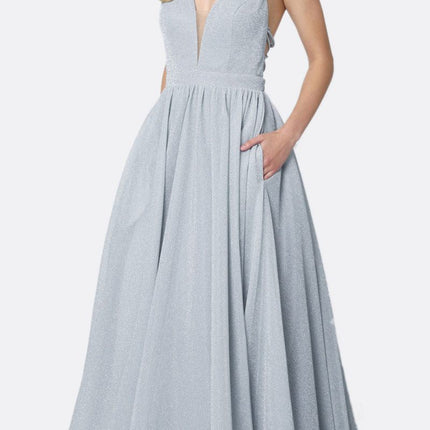 Juliet 201 Plunging V-Neckline Long Glitter Dress A-Line