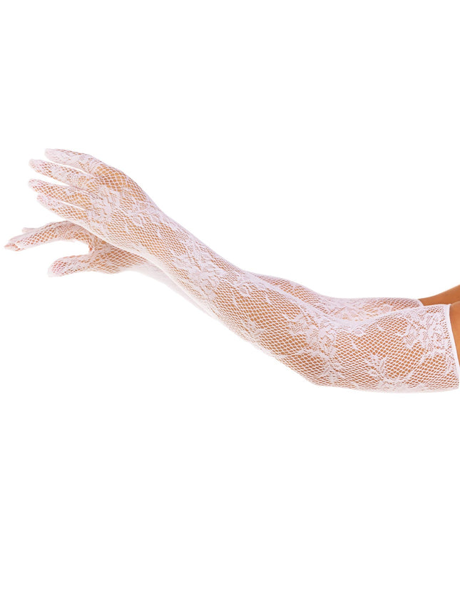 Seamless Lace Opera Length Gloves - White - O/S