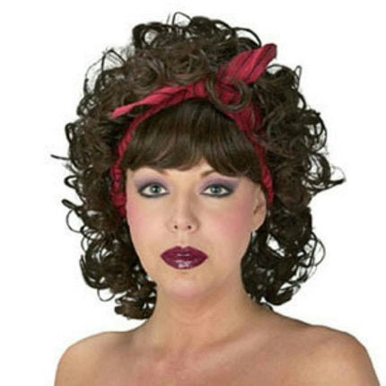 Sexy Ladies Pirate Bar Wench Curly Brown Wig with Bangs and Hair Bandana Tie