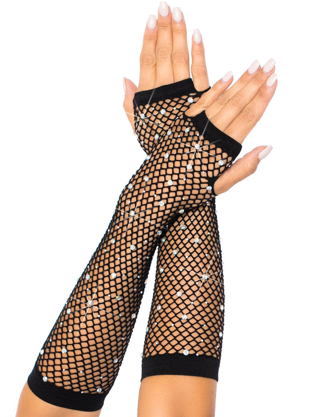 Rhinestone Fishnet Arm Warmers - Black - O/S