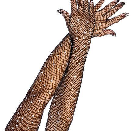 Rhinestone Fishnet Opera Length Gloves - Black - O/S