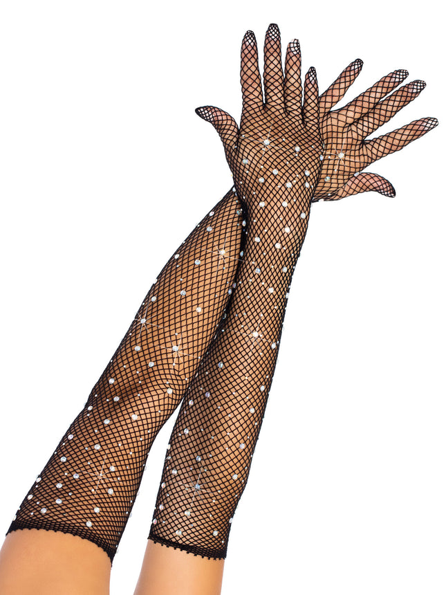 Rhinestone Fishnet Opera Length Gloves - Black - O/S