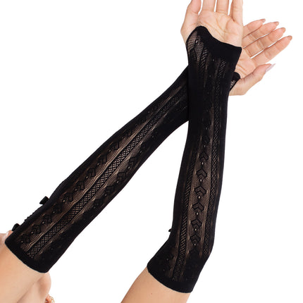 Sweetheart Striped Keyhole Arm Warmers with Mini Bow Accents - Black - O/S