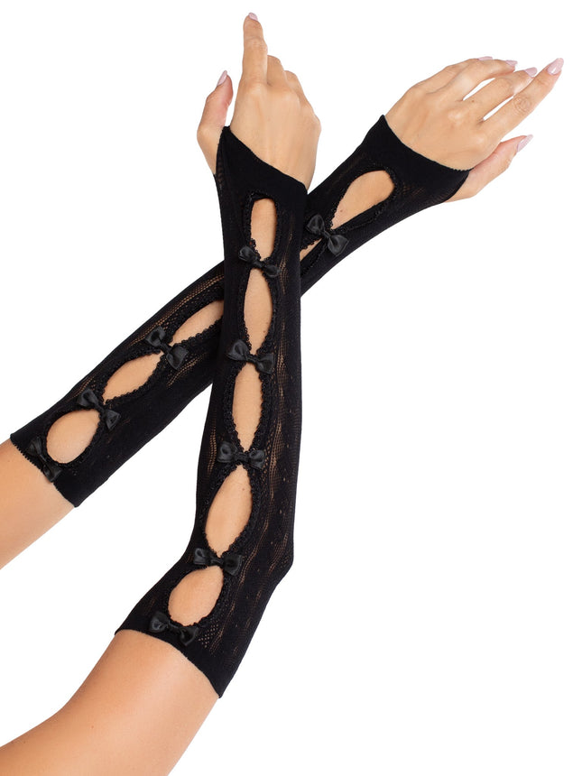 Sweetheart Striped Keyhole Arm Warmers with Mini Bow Accents - Black - O/S